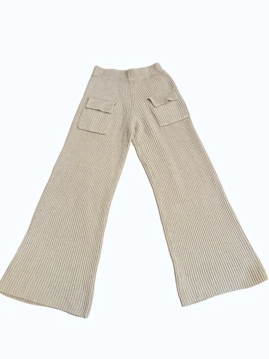 NASTY GAL Camel Ribbed Knit High Waist Wide Leg Pull on Pants - Picture 6 of 10